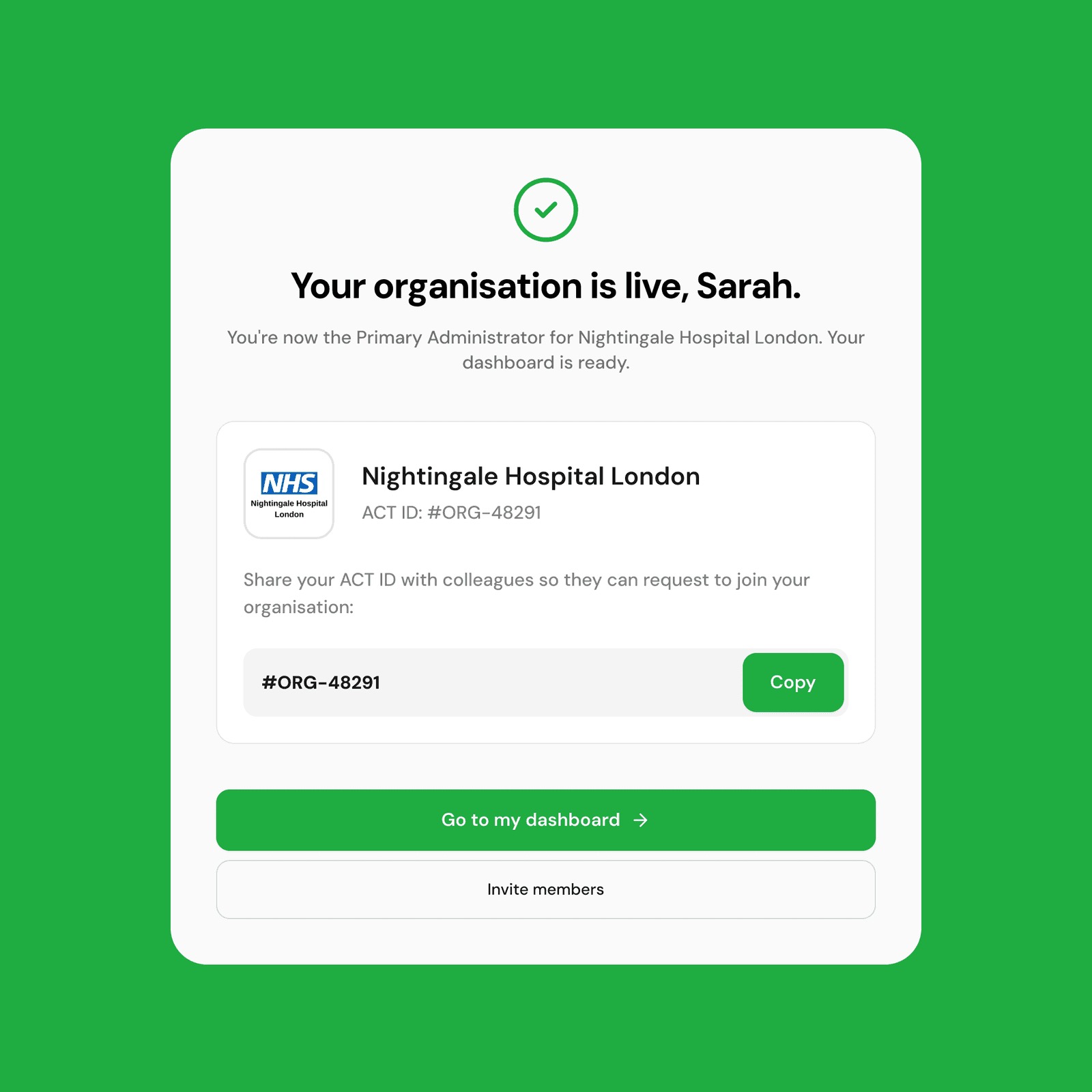 Confirmation screen 'Your organisation is live' for Nightingale Hospital London with a copyable ACT ID