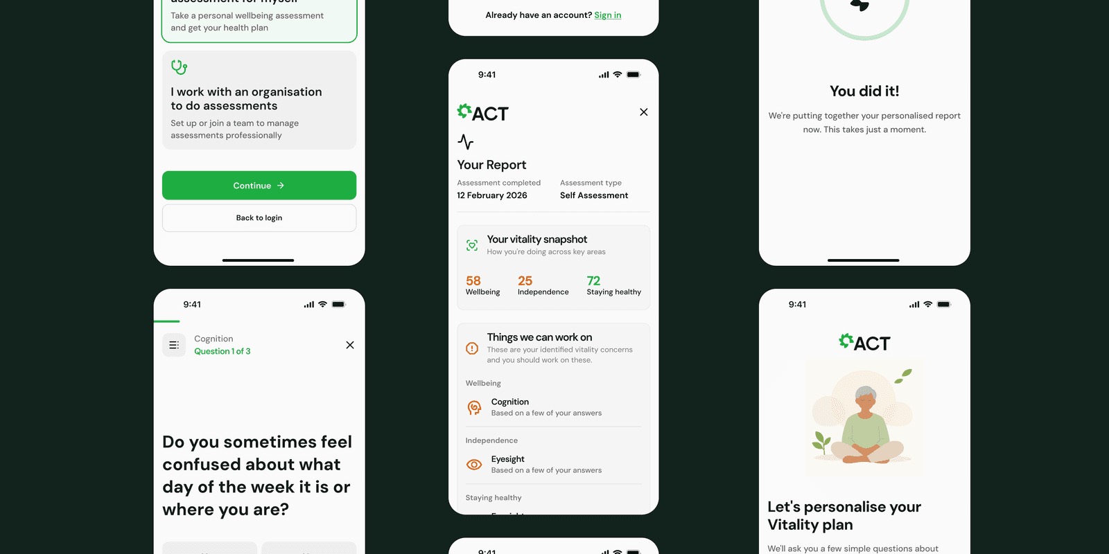Collage of mobile screens covering the fork choice, report summary, an assessment question and onboarding