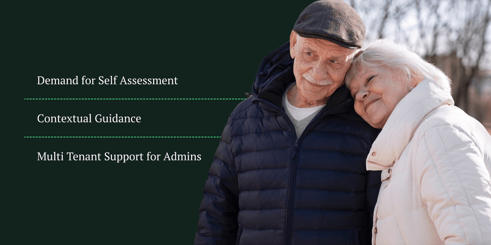 Older couple embracing outdoors beside three key needs: demand for self assessment, contextual guidance, multi-tenant support for admins