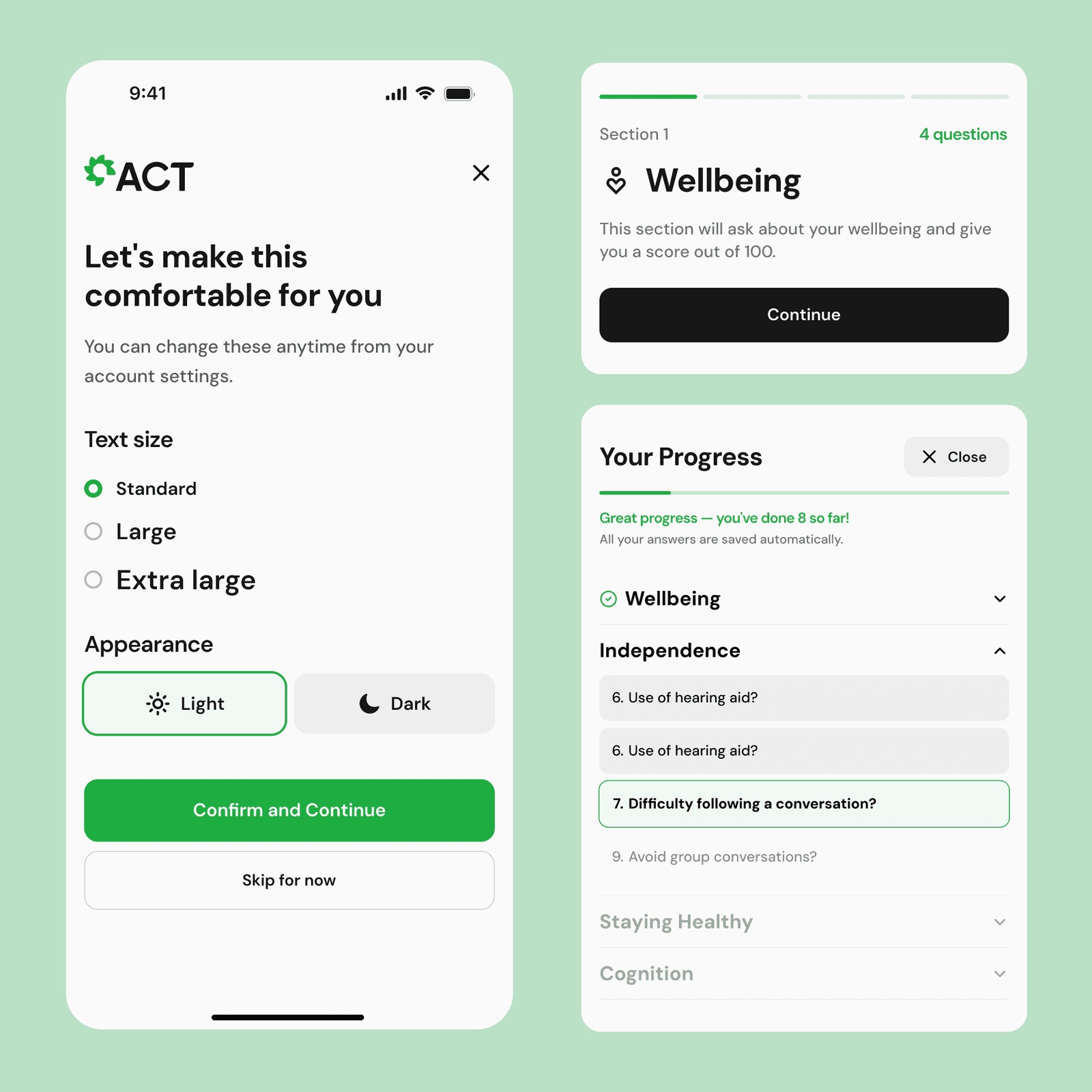 Accessibility preferences screen with text size and light or dark appearance, next to the Wellbeing section intro and progress sidebar