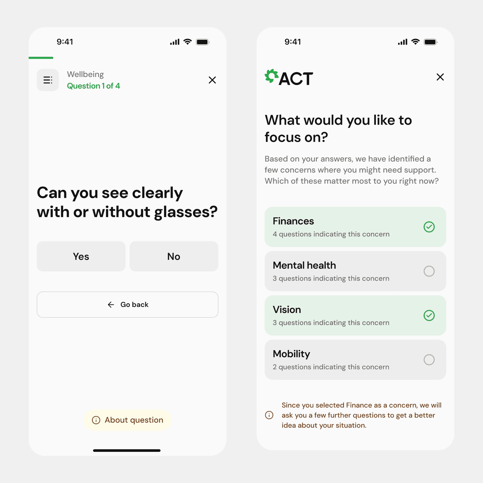 Binary assessment question about vision with an 'About question' link, and the 'What would you like to focus on?' concern picker