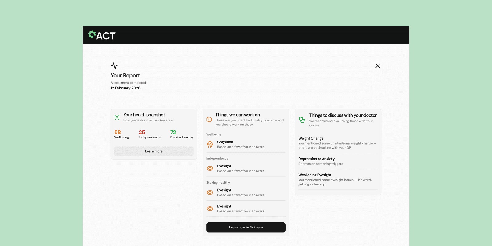 Desktop report view with health snapshot scores, things to work on and things to discuss with your doctor
