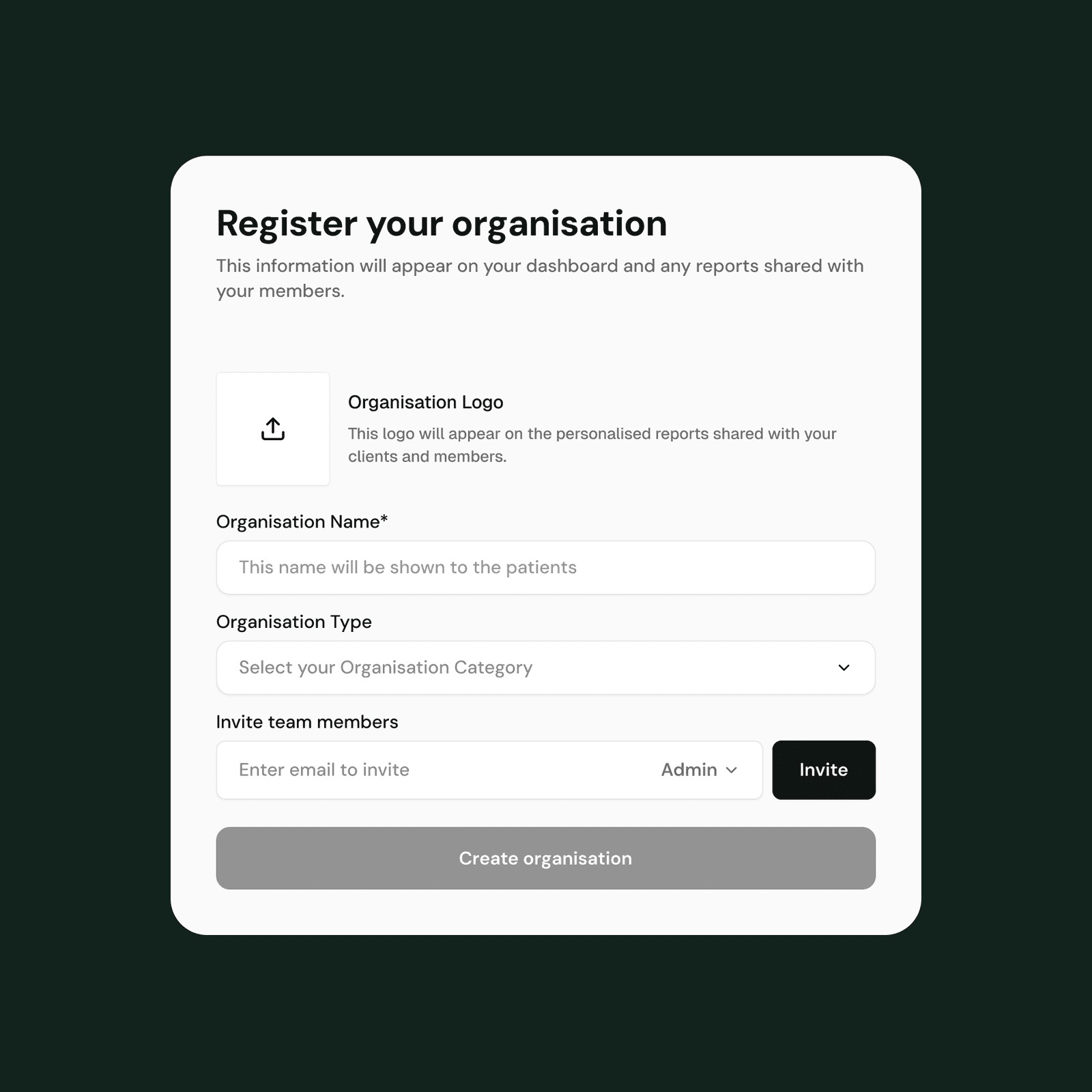 Register your organisation form with logo upload, organisation name and type, and team member invites
