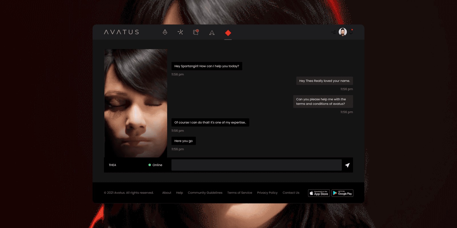 The Avatus desktop web app in a dark theme, showing an AI chat beside a dark-haired avatar