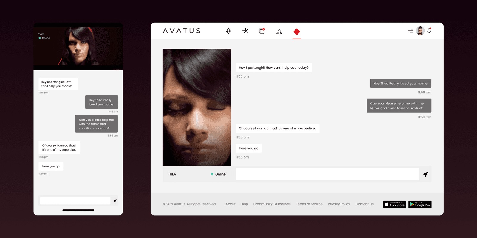 Avatus AI chat on mobile and desktop side by side, featuring the same dark-haired avatar