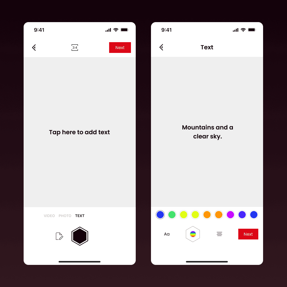 Two Avatus mobile screens in text mode: a blank 'Tap here to add text' canvas and a 'Mountains and a clear sky' prompt with colour options