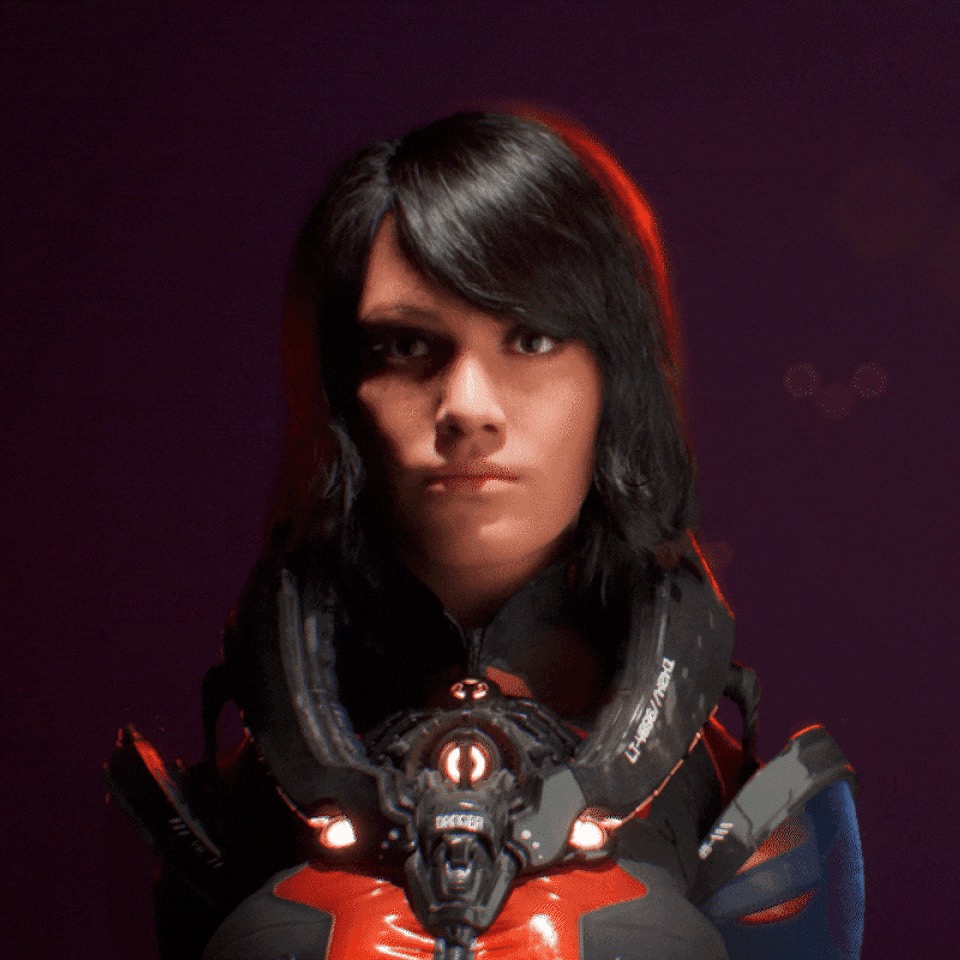 Dark-haired Avatus avatar wearing red and black armoured sci-fi gear