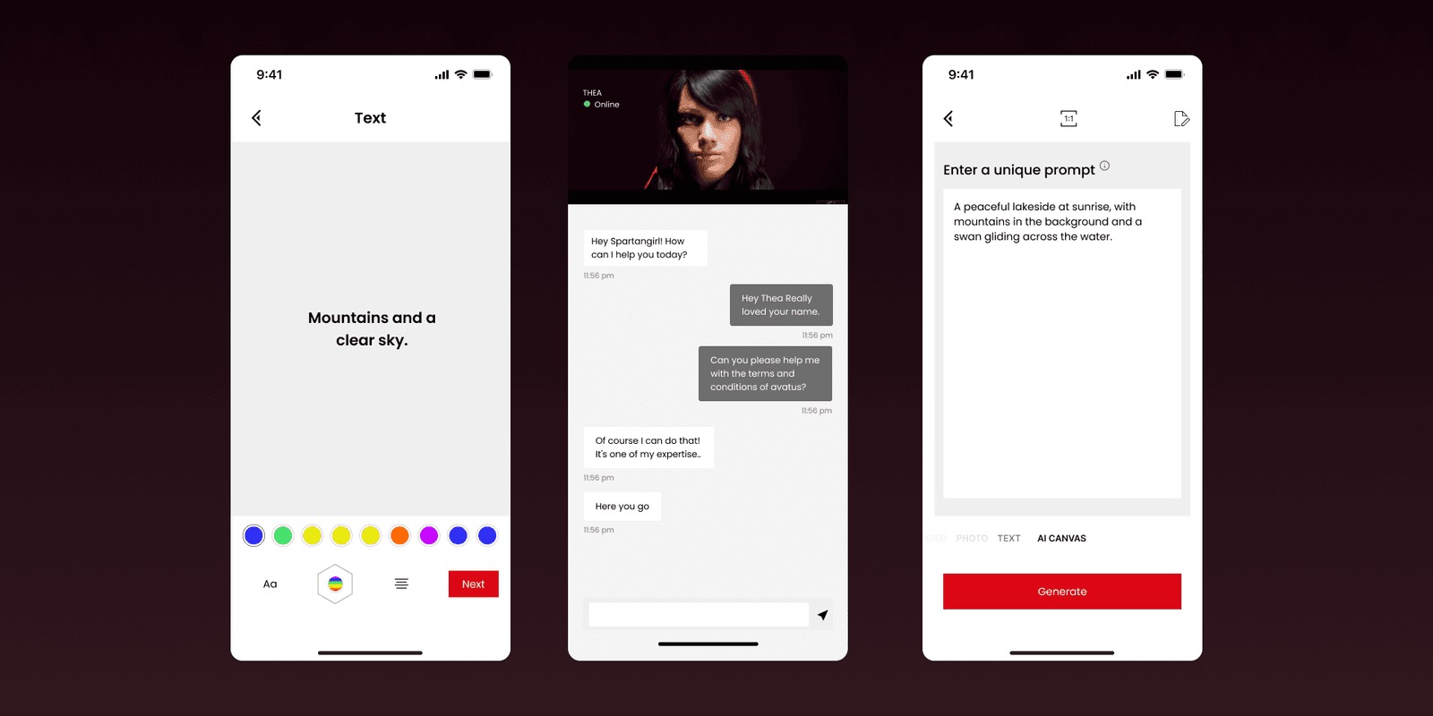 Three Avatus mobile screens: a text prompt canvas, the avatar chat, and a prompt editor with a generate button