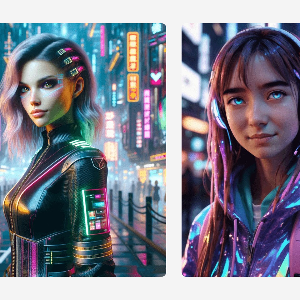 Two AI-generated female avatars in neon-lit cyberpunk city scenes