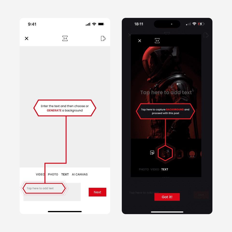 Avatus mobile onboarding hints: enter text then generate a background, and tap to capture with the avatar mask