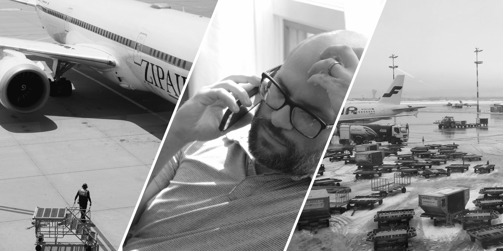 Black and white collage of a cargo aircraft, a broker on the phone and freight on an airport apron