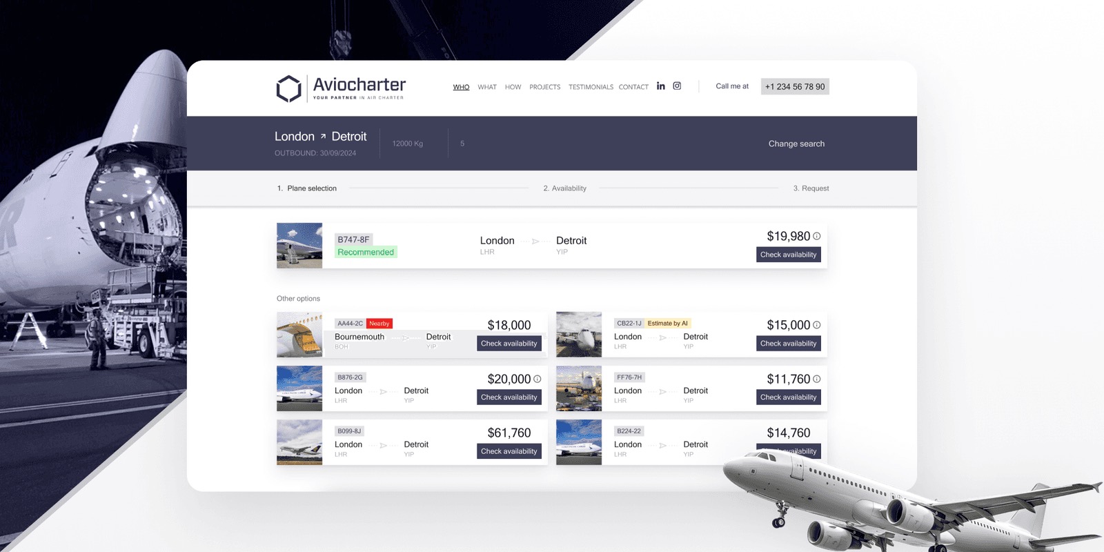 Aviocharter results page listing aircraft options and prices for a London to Detroit shipment, framed by cargo planes