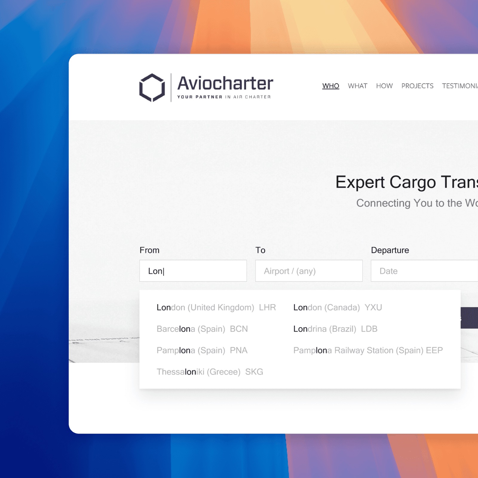 Aviocharter search form with airport suggestions appearing as the user types an origin