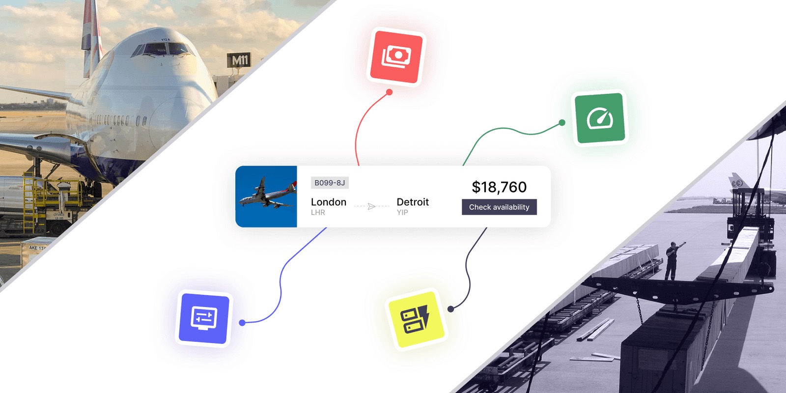London to Detroit quote card at $18,760 linked to feature icons, over a photo of cargo being loaded