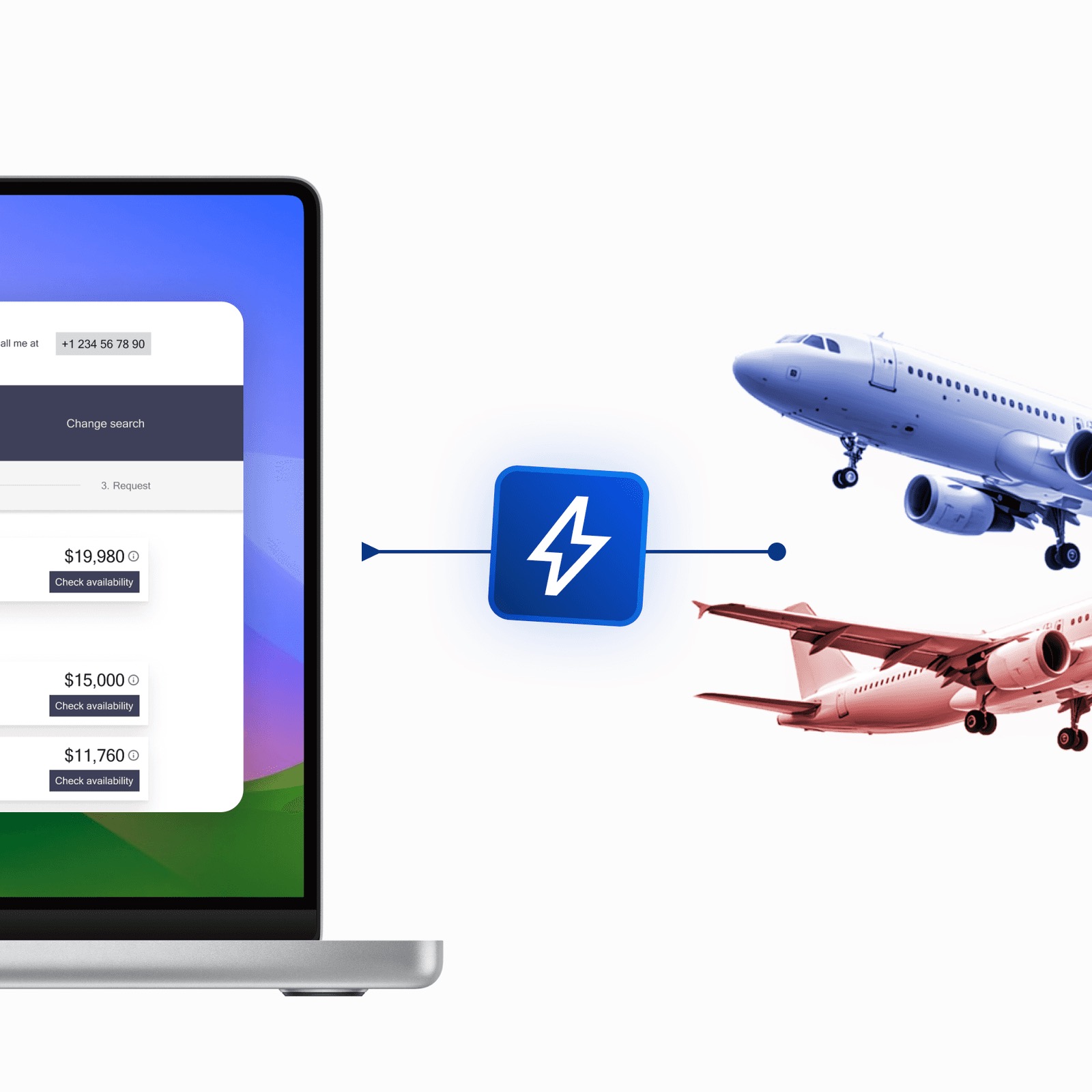 Laptop showing aircraft quote prices beside two planes linked by a lightning icon