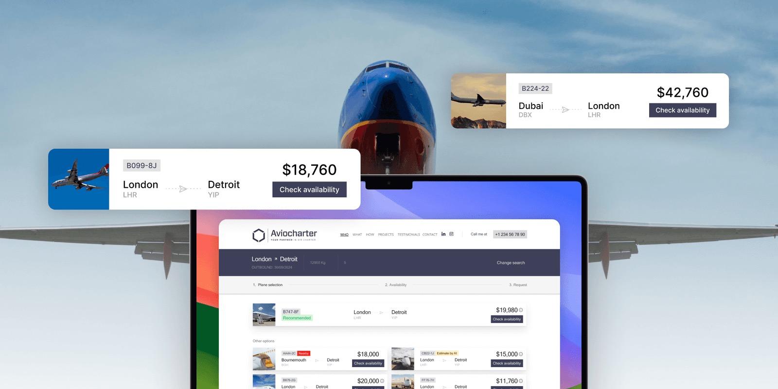 Aviocharter product screens