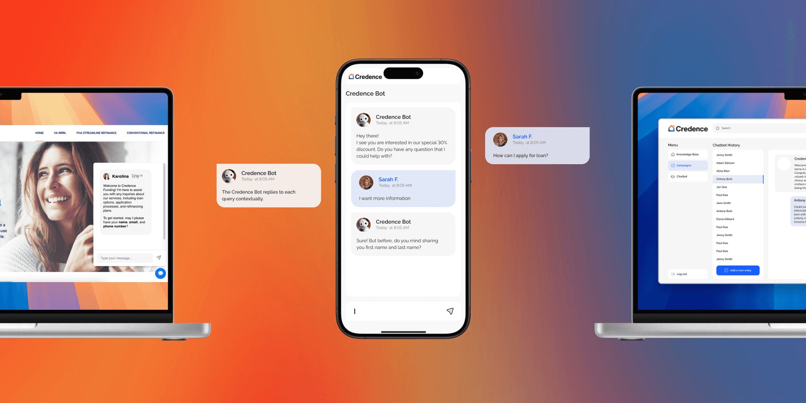 The Credence AI concierge chat shown on a laptop, a phone and a desktop dashboard against an orange and blue gradient