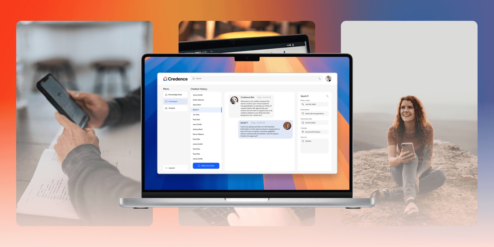 The Credence concierge chat on a laptop, framed by photos of customers using their phones