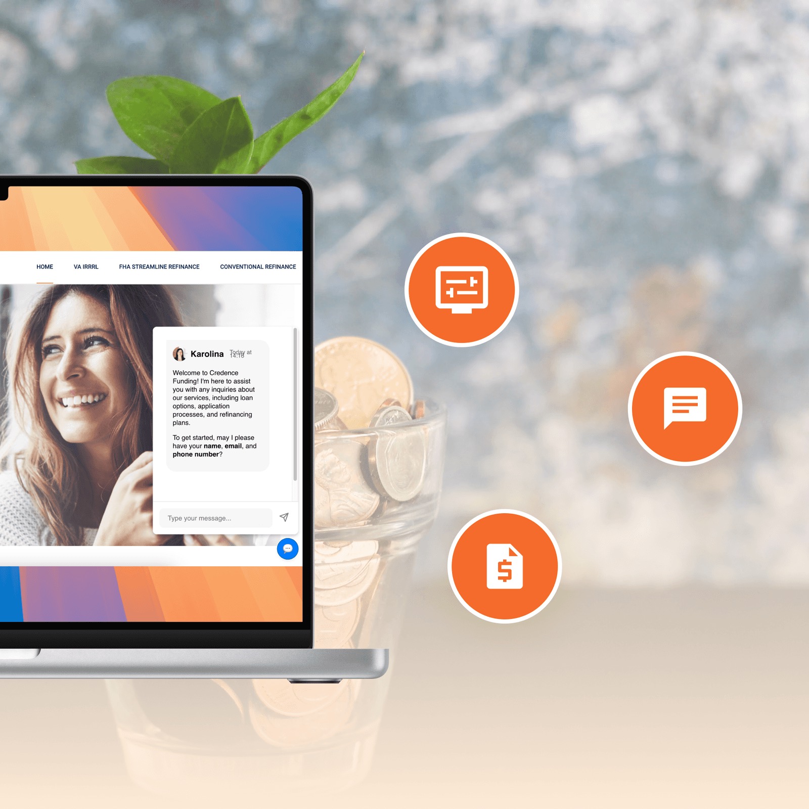 Laptop showing a customer in conversation with the Credence concierge, surrounded by chat, quote and pricing icons