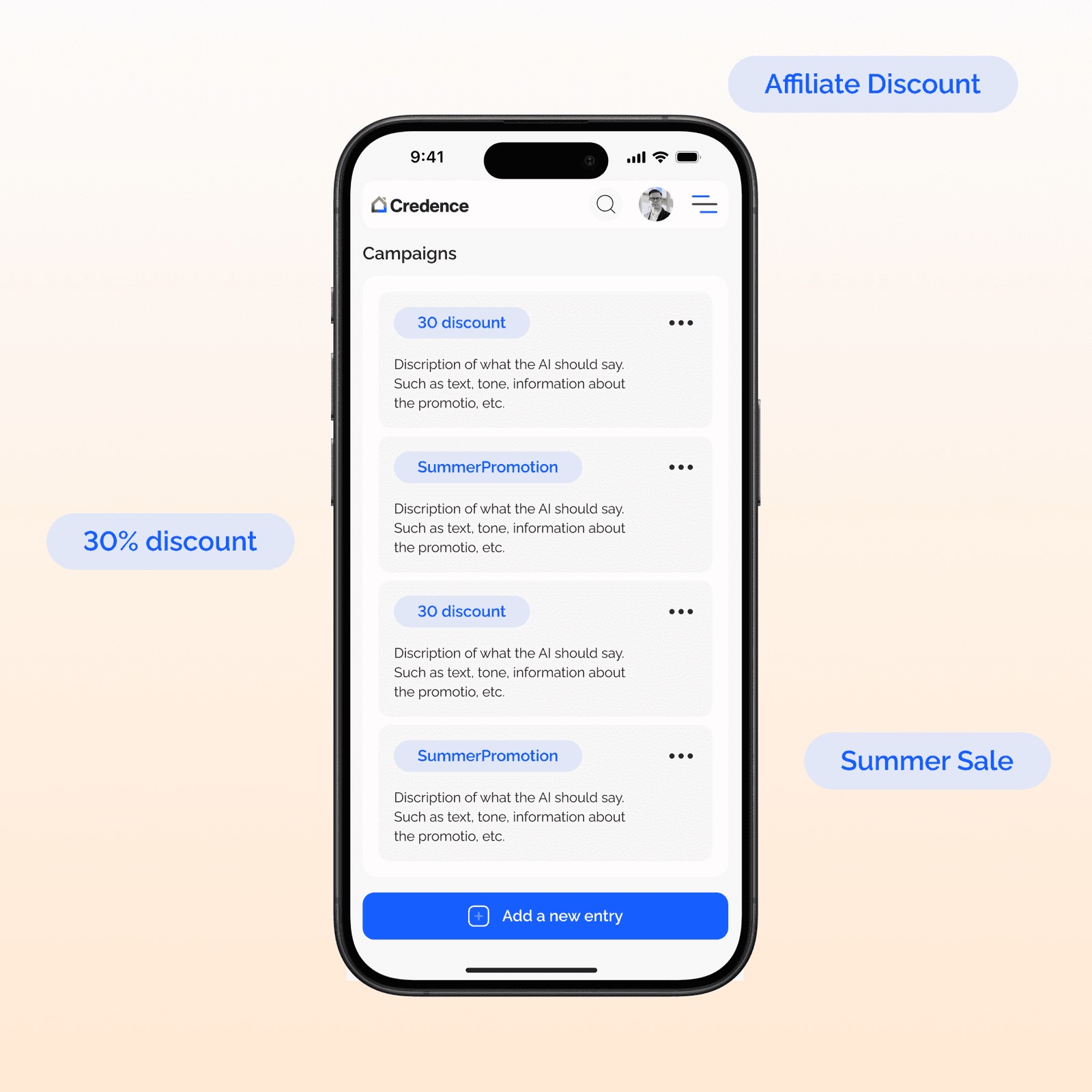 Mobile admin view listing Credence campaigns, tagged with 30% discount, affiliate discount and summer sale links