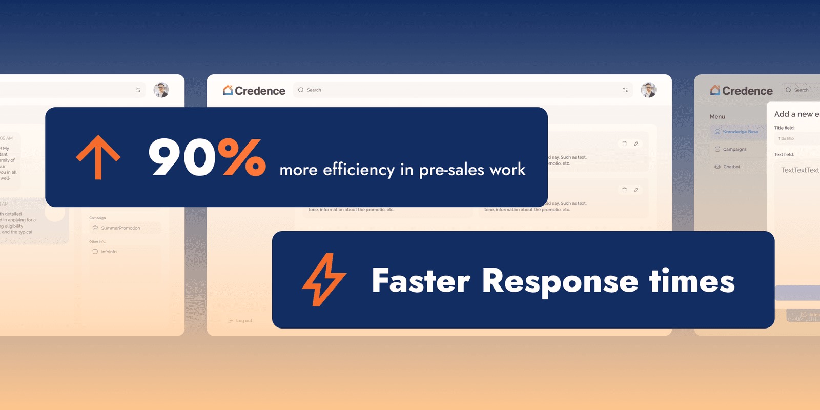 Results cards reading 90% more efficiency in pre-sales work and faster response times, over the Credence dashboard