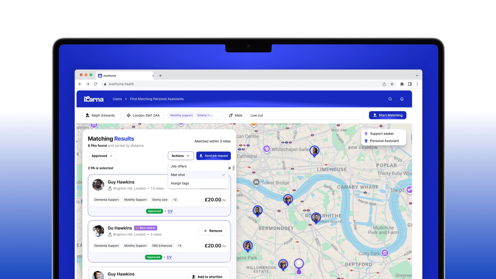 Laptop showing ilarna's matching results: a map of nearby Personal Assistants beside a shortlist with rates and tags