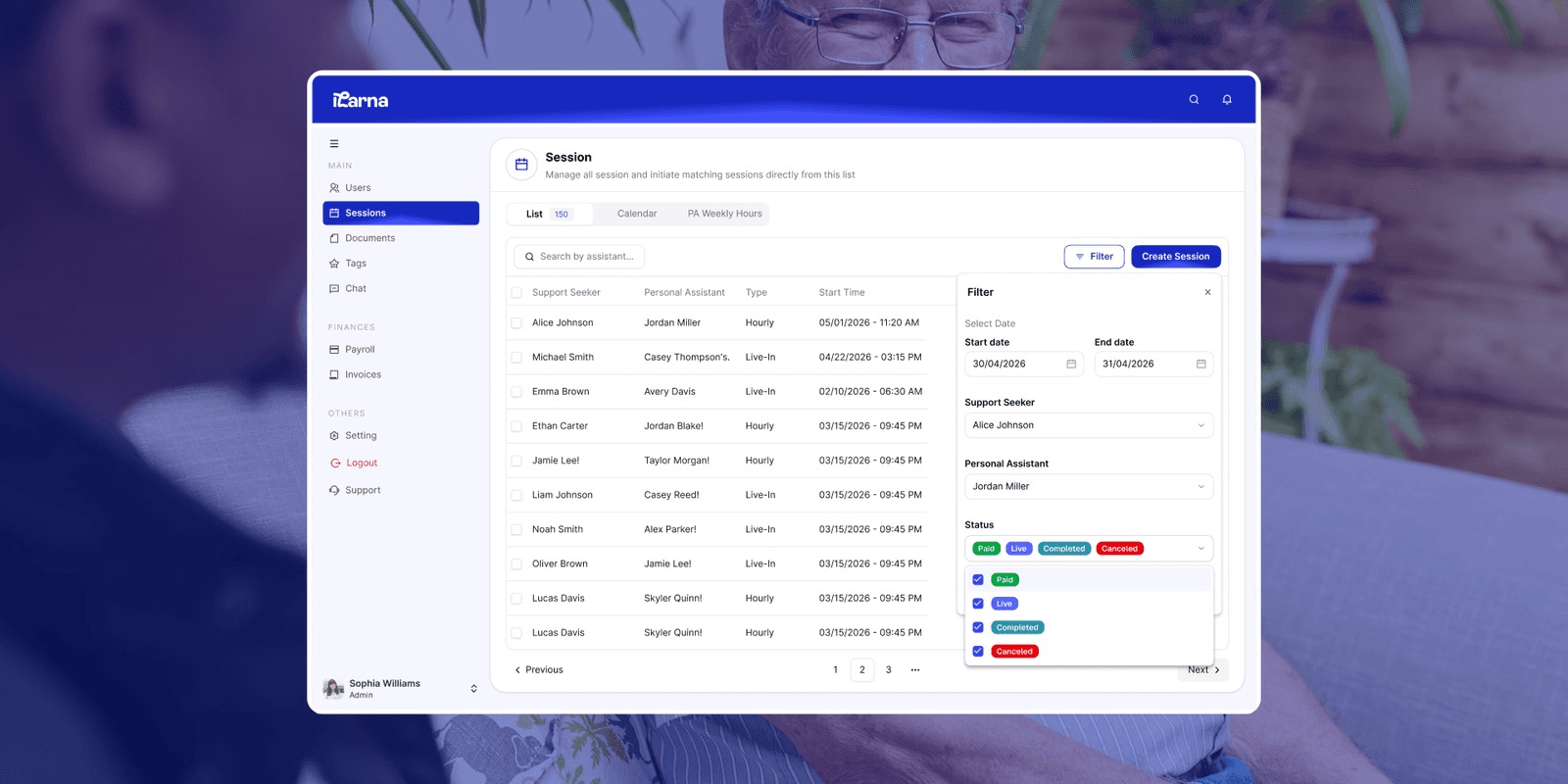 Staff admin view listing PAs with status and tag filters