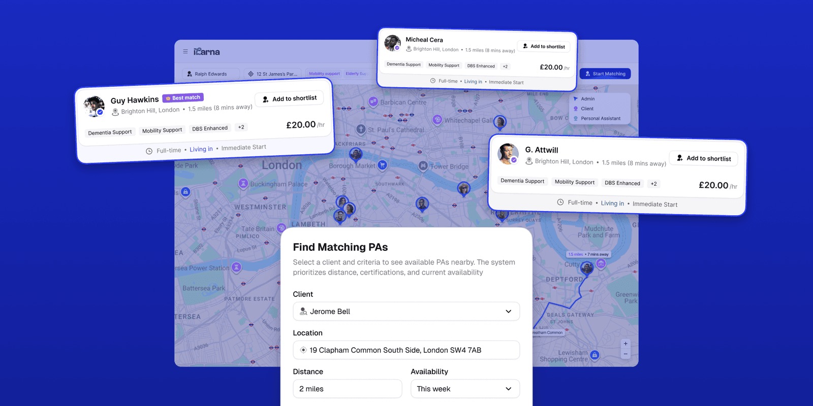Find Matching PAs search panel with a map of nearby PAs, each card showing tags and hourly rate