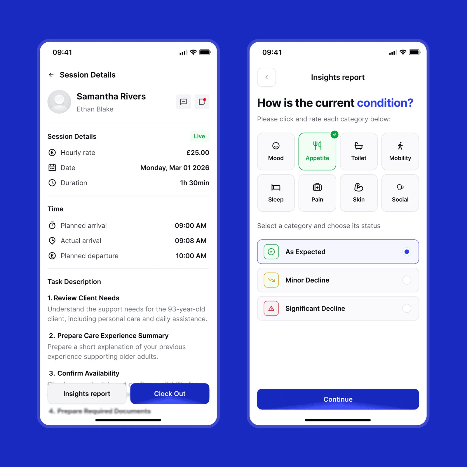 Mobile session details with planned and actual arrival times, next to the insights report asking 'How is the current condition?'