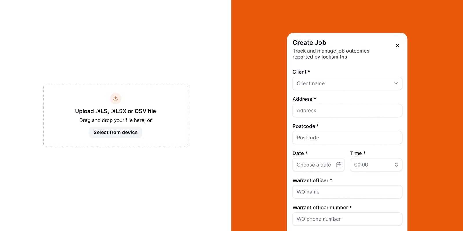 Spreadsheet upload for .XLS, .XLSX or .CSV files beside the Create Job form with client, address, postcode, date, time and warrant officer fields
