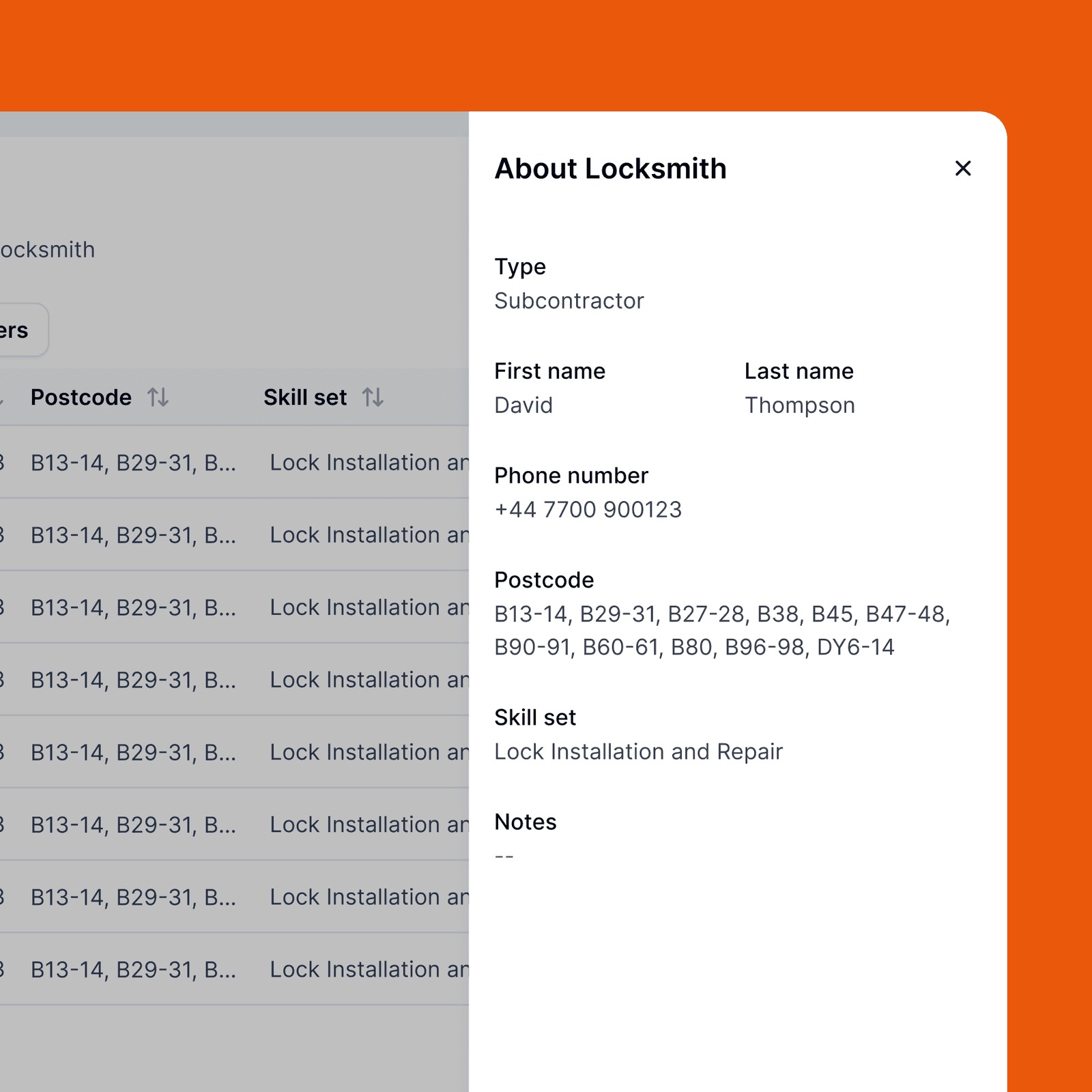 Locksmith profile panel showing type, contact details, covered postcodes and skill set