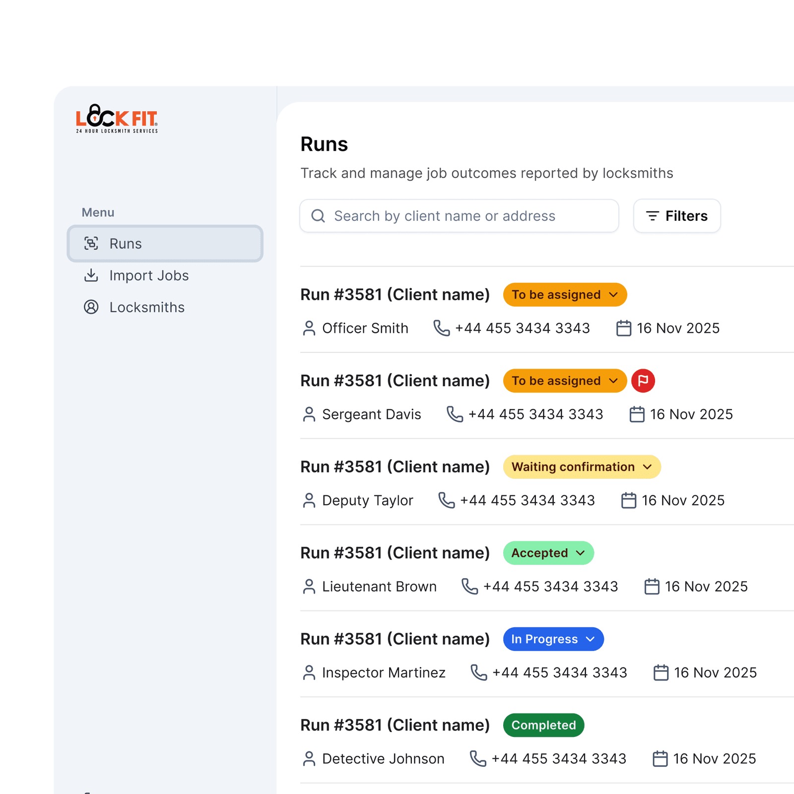 Runs list with status tags: To be assigned, Waiting confirmation, Accepted, In progress and Completed