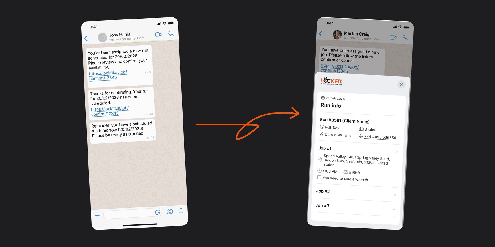 WhatsApp message with a run link, opening a mobile view of the run's jobs to accept or reject