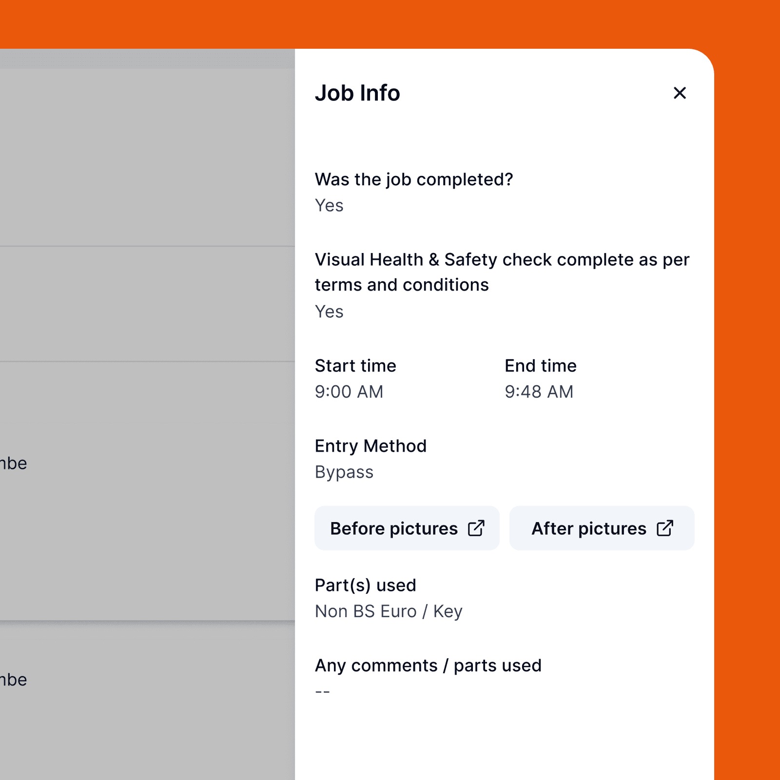 Job Info panel showing completion, health & safety check, start and end times, entry method, before and after pictures and parts used