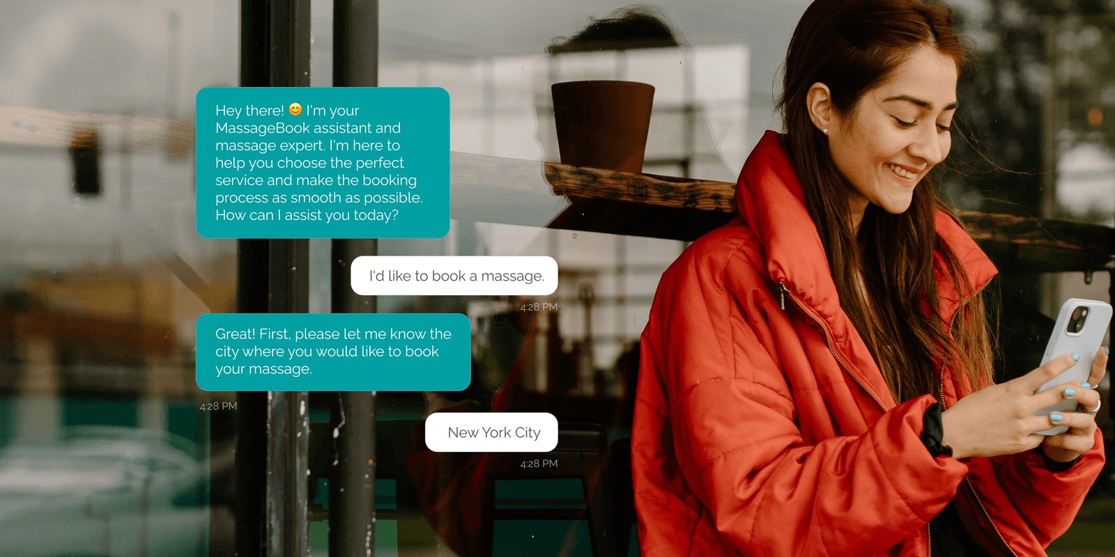 Woman smiling at her phone while the MassageBook assistant asks where she would like to book a massage