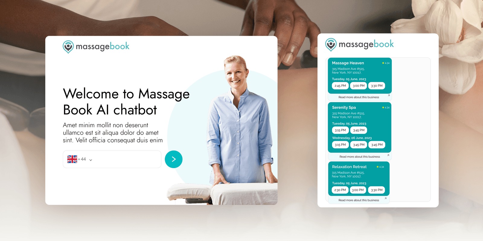 MassageBook AI chatbot welcome screen beside a chat listing available massage time slots