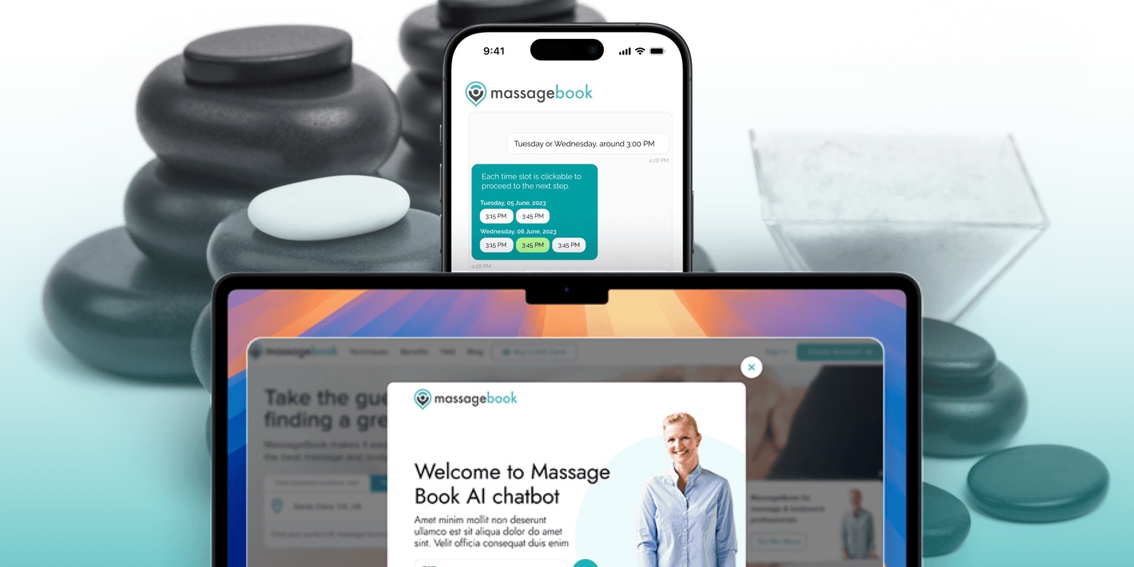 MassageBook AI chatbot running on a laptop and a phone, set among massage stones
