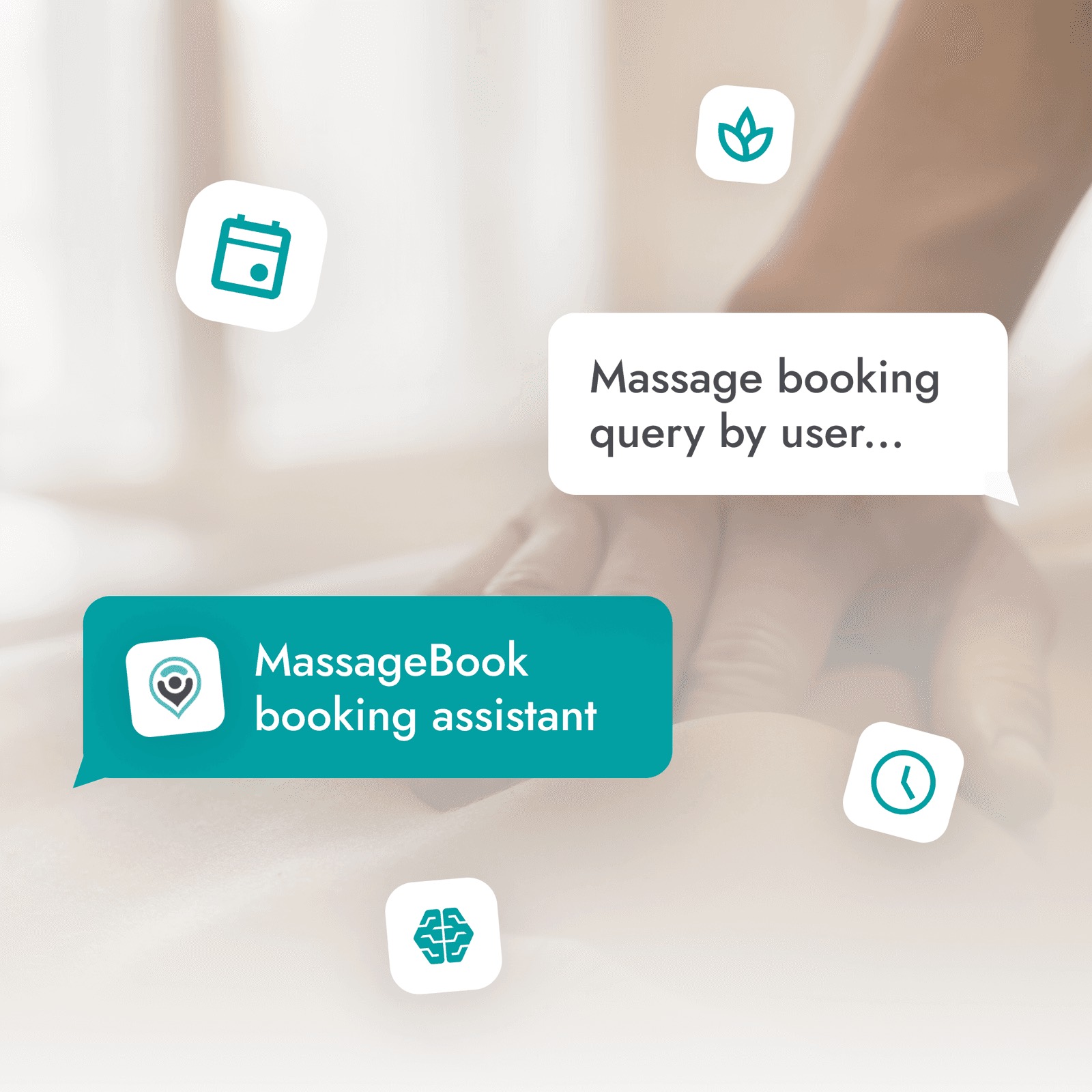 A user's massage booking query answered by the MassageBook booking assistant, shown as chat bubbles over a massage photo