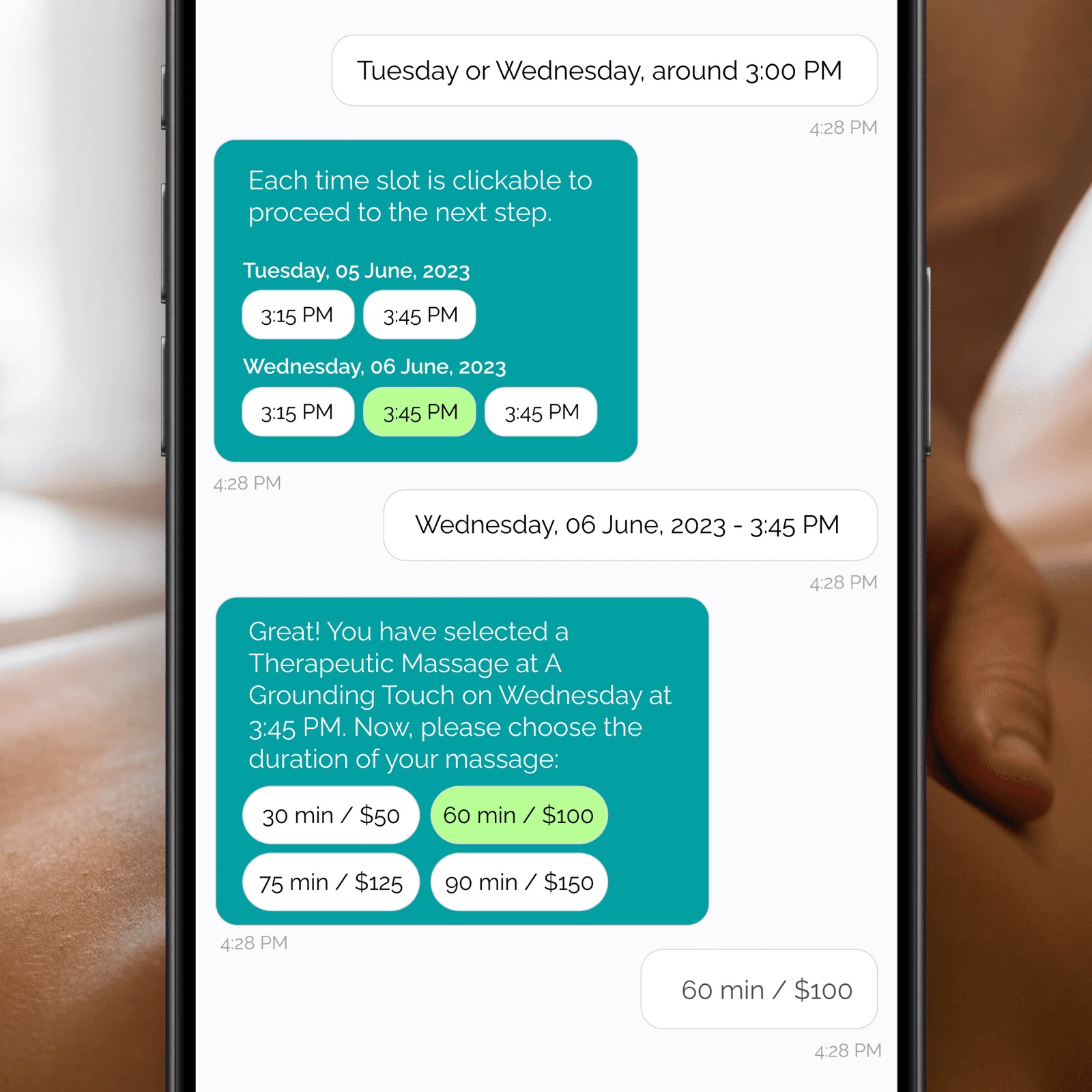 Phone chat offering clickable time slots, then massage durations with prices after a slot is chosen