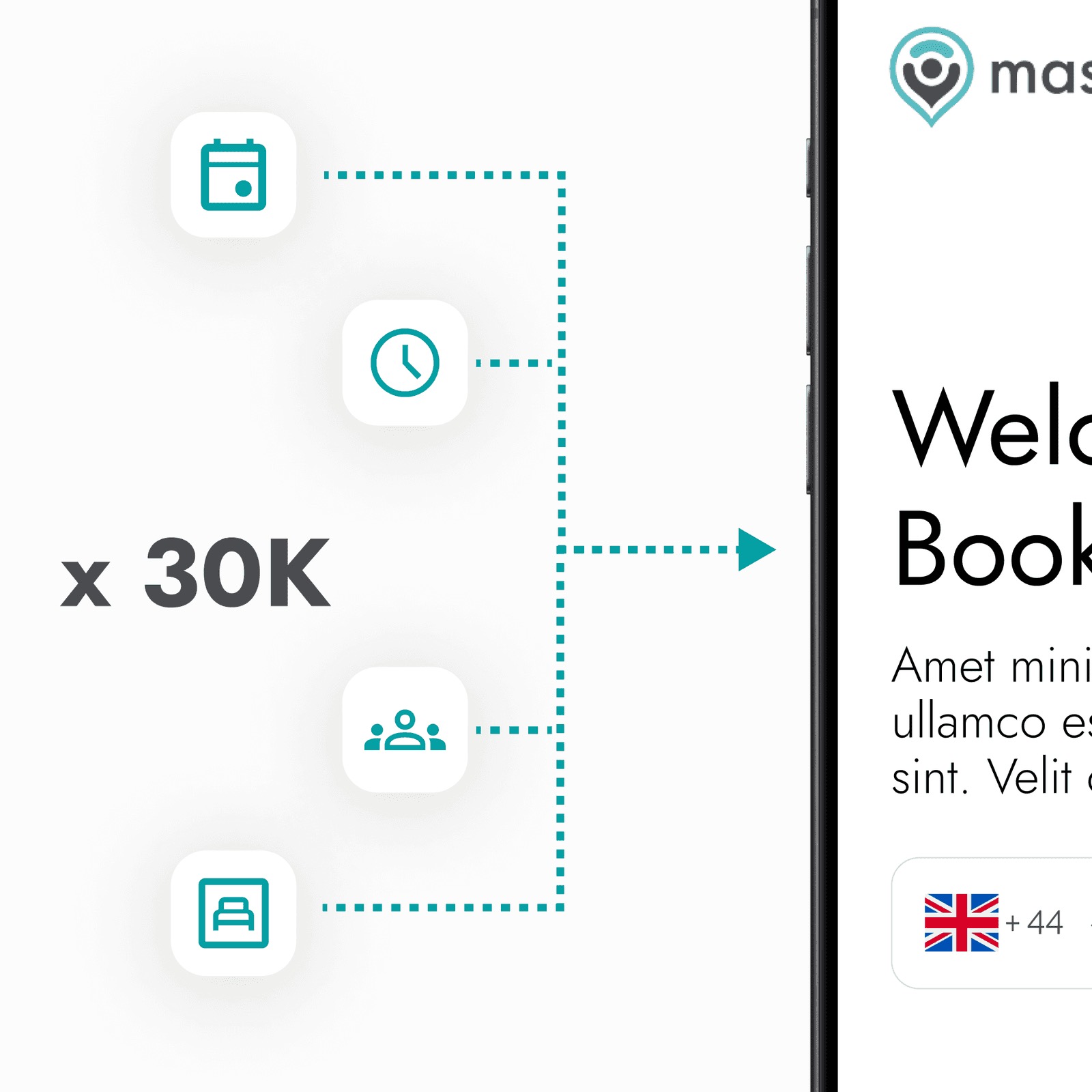 Diagram of availability from 30K businesses feeding into the MassageBook chat welcome screen