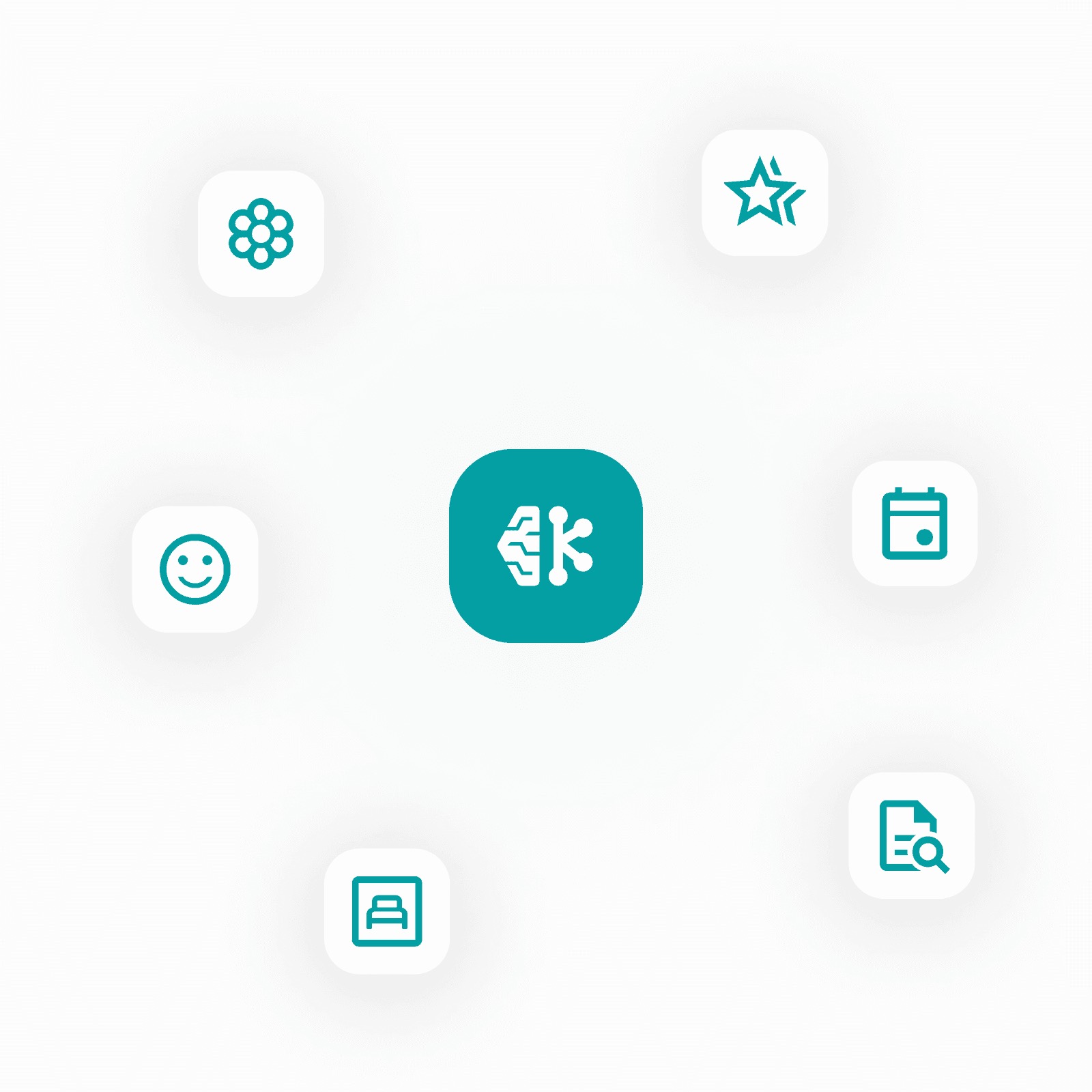 AI brain icon surrounded by ranking signal icons such as rating, calendar, satisfaction and search