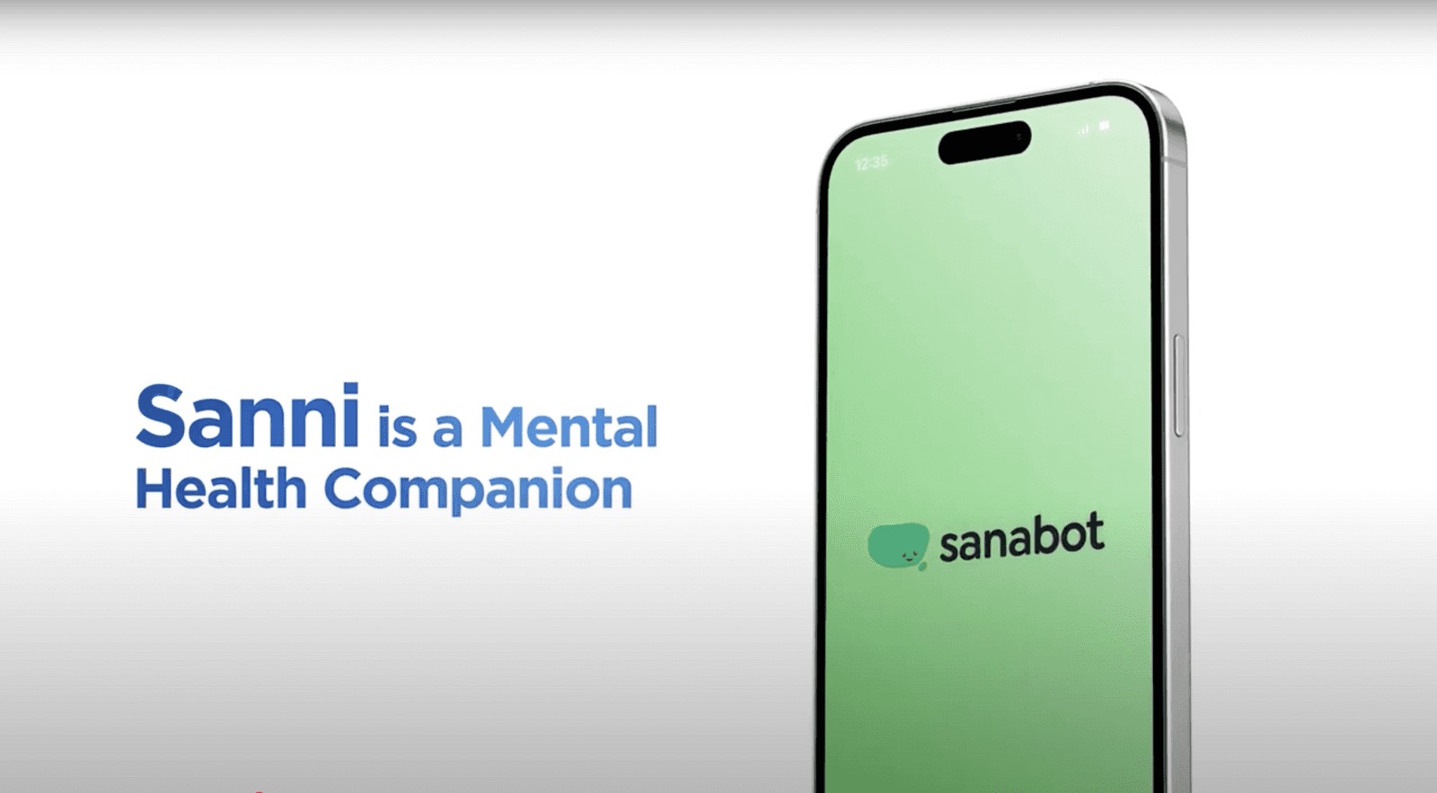 Title frame reading 'Sanni is a Mental Health Companion' beside a phone showing the SanaBot logo