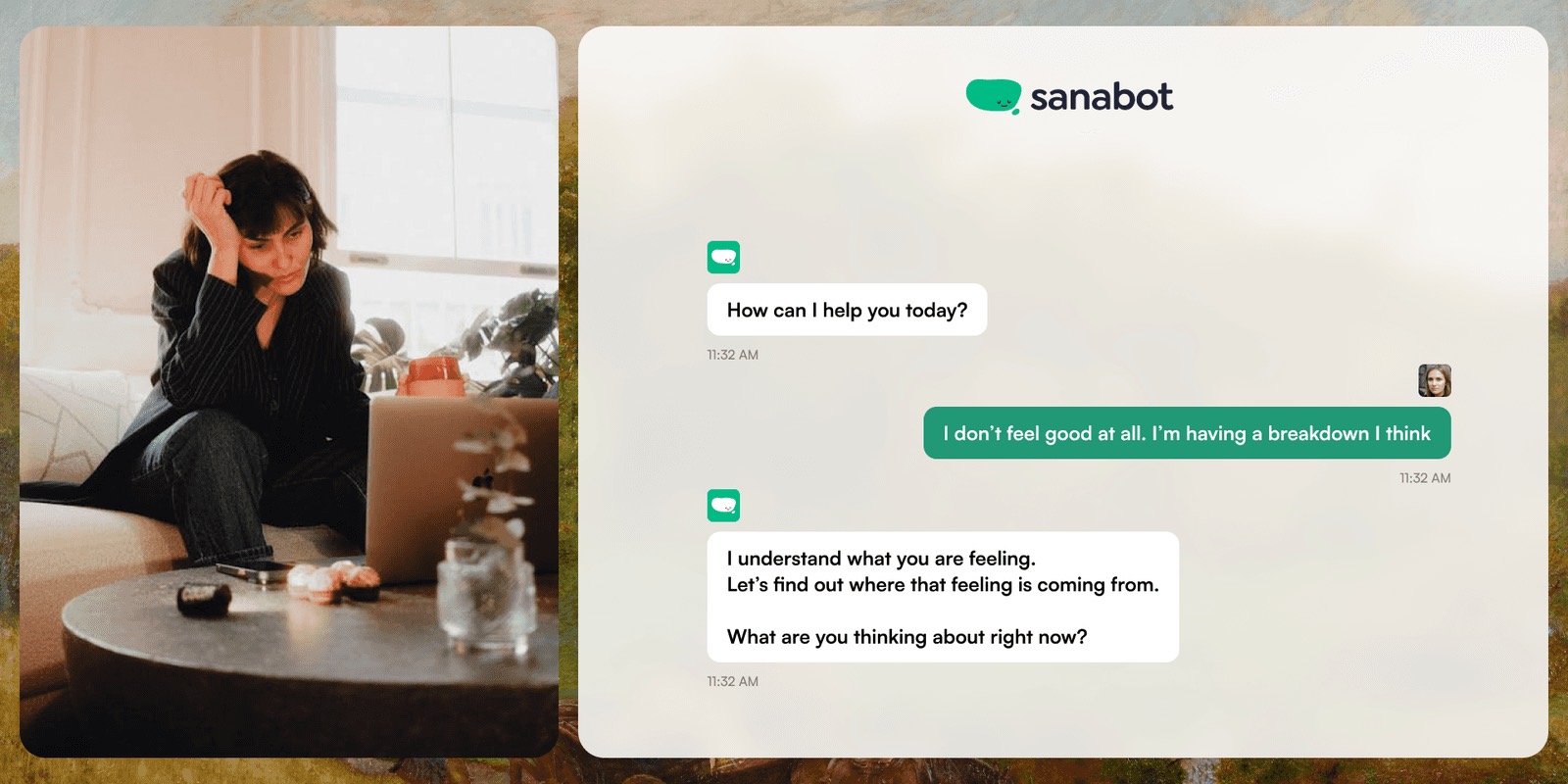 Woman sitting with her head in her hand next to a SanaBot chat where the assistant asks what she is thinking about