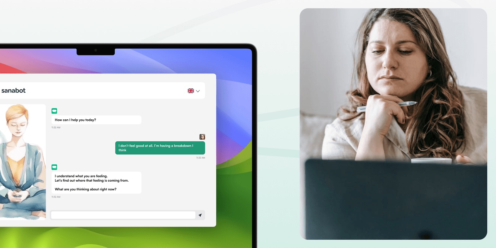 SanaBot desktop chat on a laptop next to a photo of a woman thinking at her computer