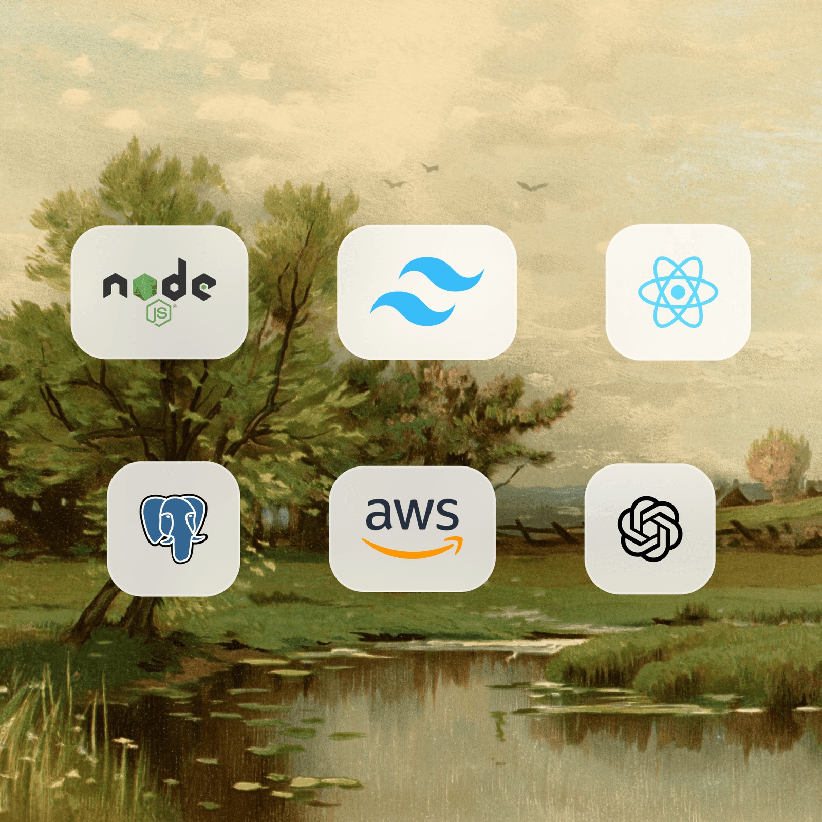 Node.js, Tailwind CSS, React, PostgreSQL, AWS and OpenAI icons over a landscape painting