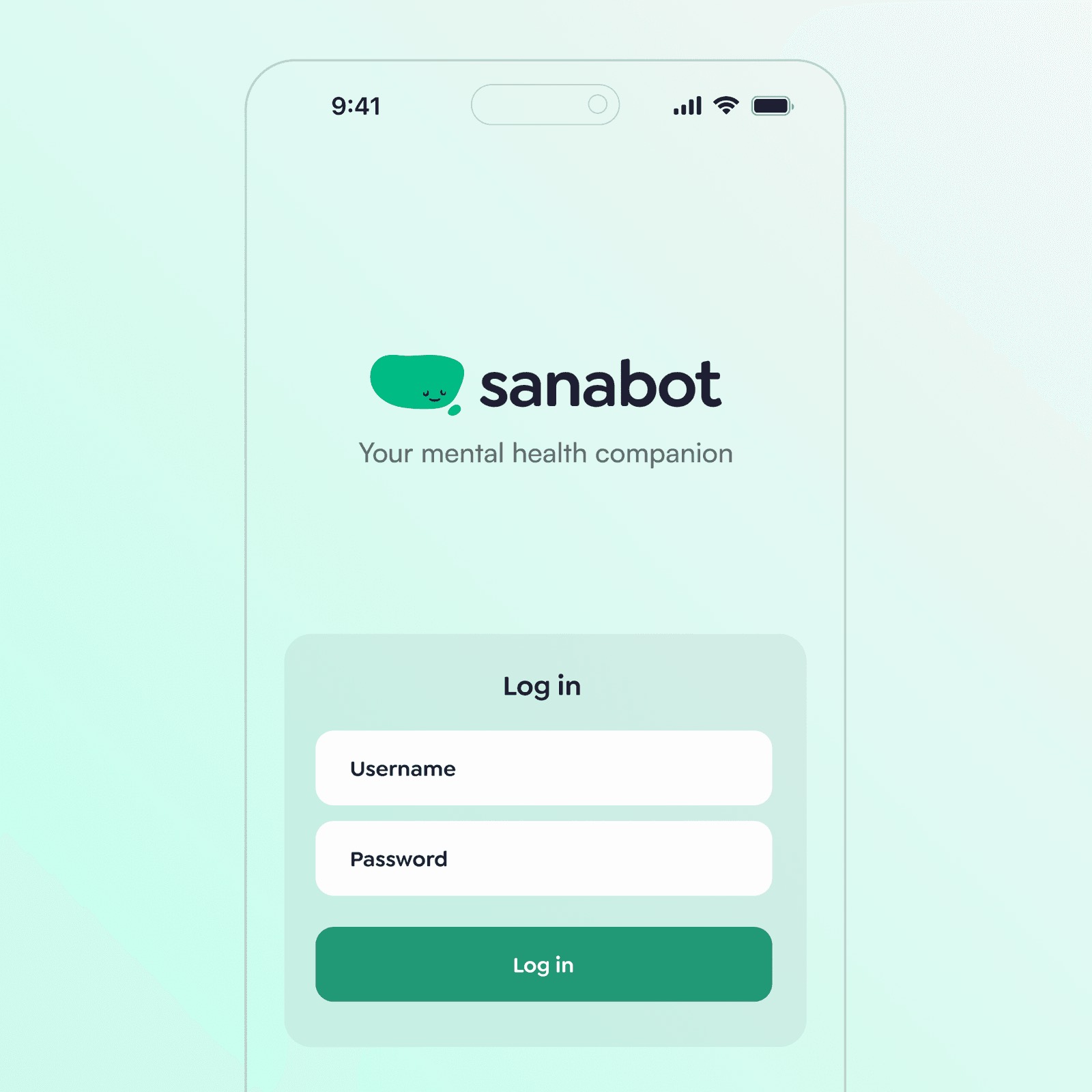 SanaBot mobile login screen with the tagline 'Your mental health companion'
