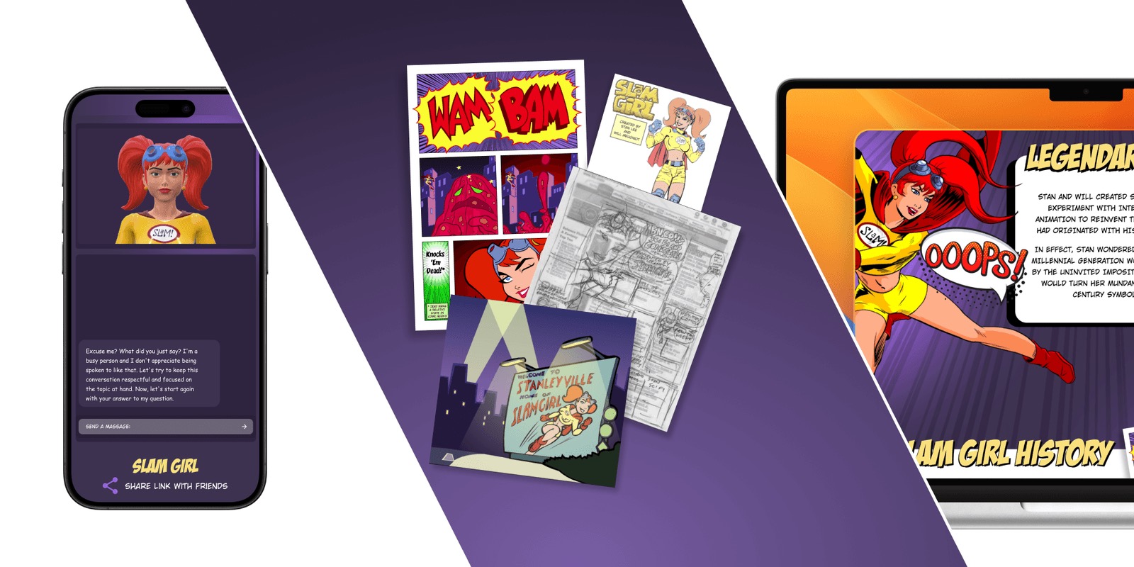 Slam Girl chat app on a phone and laptop, shown beside printed comic pages and sketches