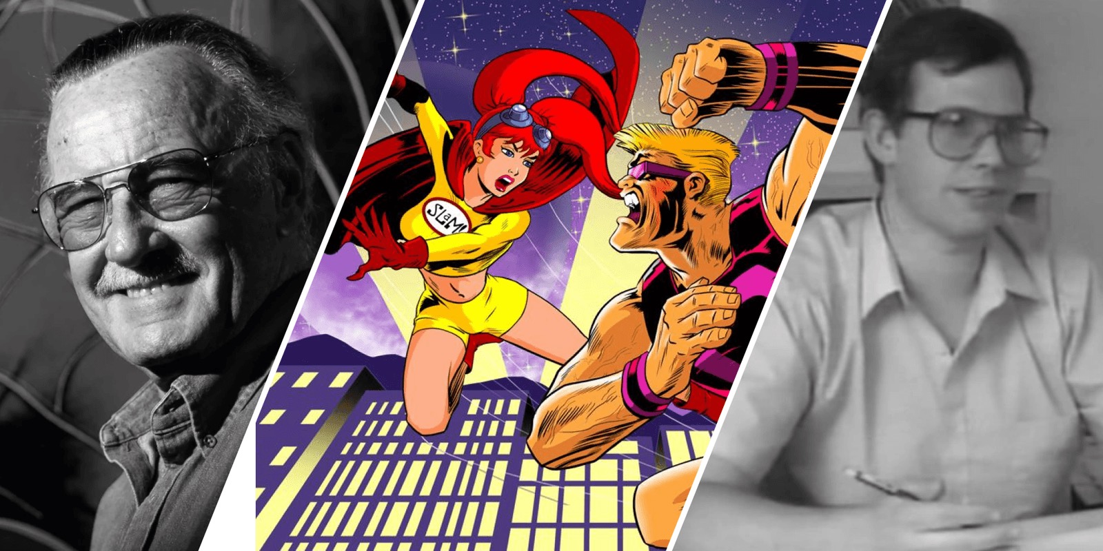 Black and white portraits of Stan Lee and Will Meugniot either side of colour comic artwork of Slam Girl in action