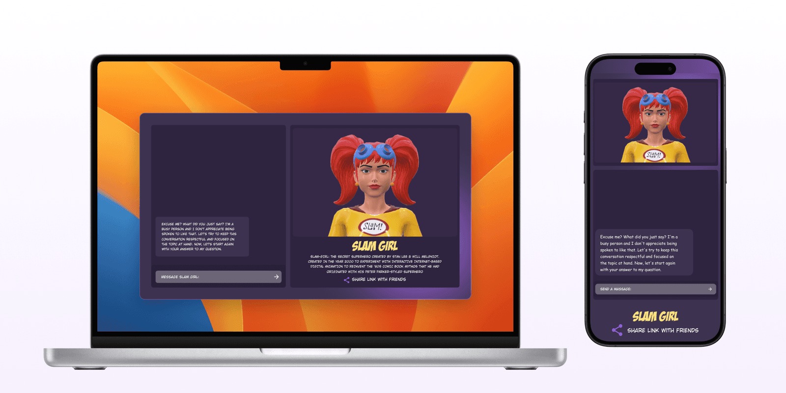 Split-screen Slam Girl web app on a laptop and phone, with the chat panel beside the 3D avatar
