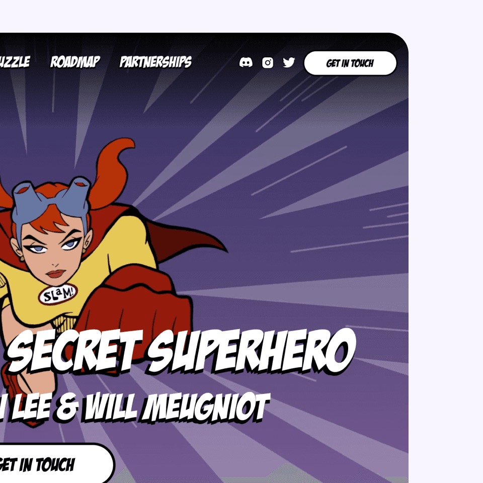 Slam Girl website hero with comic-style illustration and the Stan Lee and Will Meugniot credit